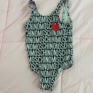 Moschino Black and White Logo One-Piece with Red Heart